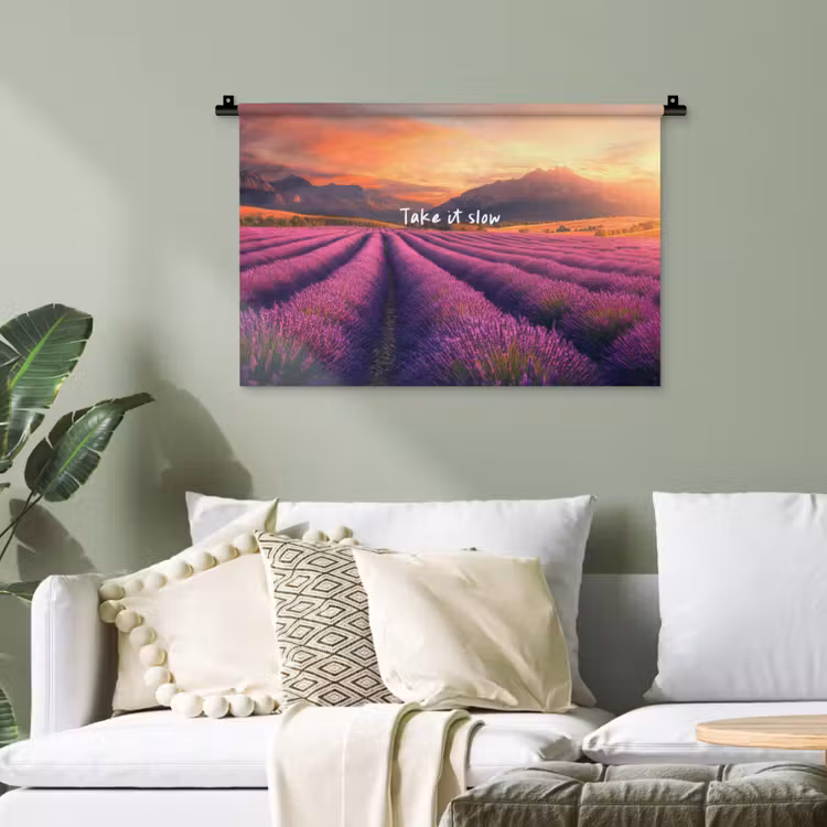 Lavendelveld - Quote - Zonsondergang Wandkleed katoen klein -sfeer7