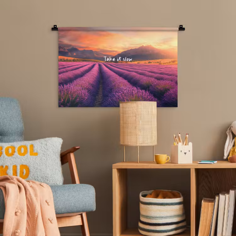 Lavendelveld - Quote - Zonsondergang Wandkleed katoen klein -wsfeer4_kind