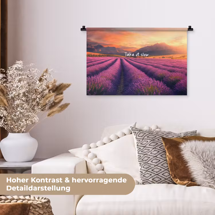 Lavendelveld - Quote - Zonsondergang Wandkleed katoen klein -tsfeer1_DE