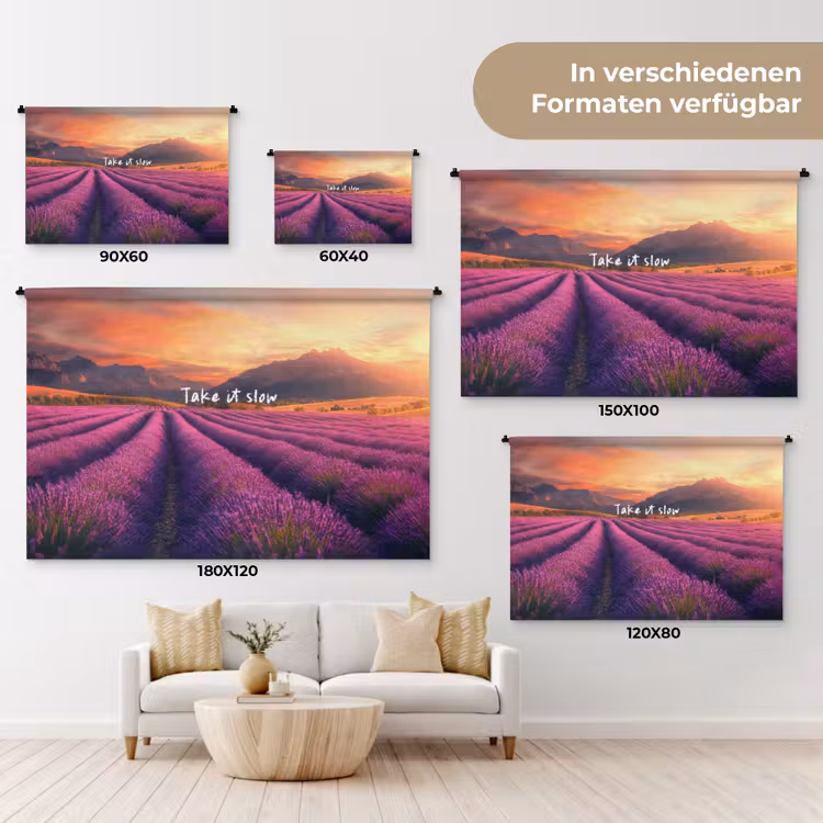 Lavendelveld - Quote - Zonsondergang Wandkleed katoen klein -tsfeer8_DE