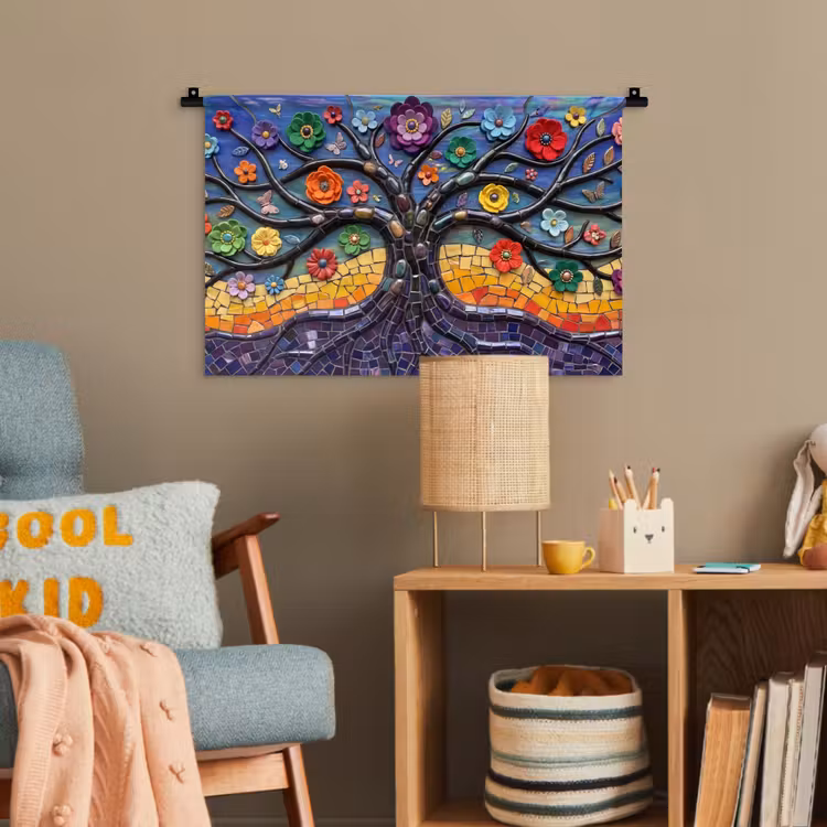 Levensboom - Mozaïek - Bloemen - Kleurrijk - Vrolijk Wandkleed katoen klein -wsfeer4_kind