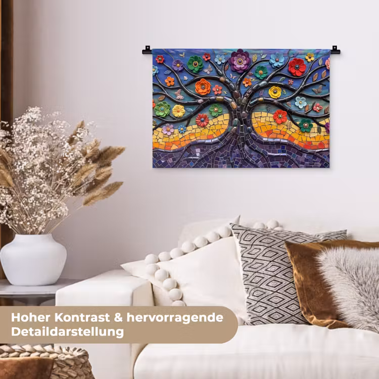 Levensboom - Mozaïek - Bloemen - Kleurrijk - Vrolijk Wandkleed katoen klein -tsfeer1_DE