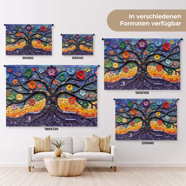 Levensboom - Mozaïek - Bloemen - Kleurrijk - Vrolijk Wandkleed katoen klein -tsfeer8_DE