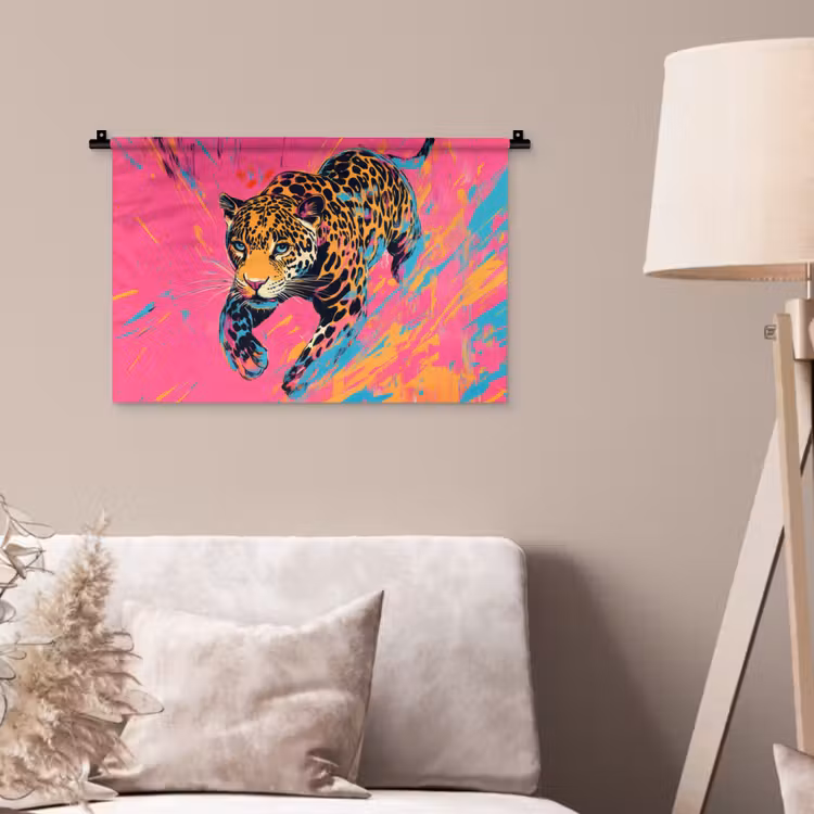 Luipaard - Roze - Oranje - Blauw - Verf Wandkleed katoen klein -sfeer4