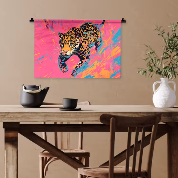 Luipaard - Roze - Oranje - Blauw - Verf Wandkleed katoen klein -sfeer6