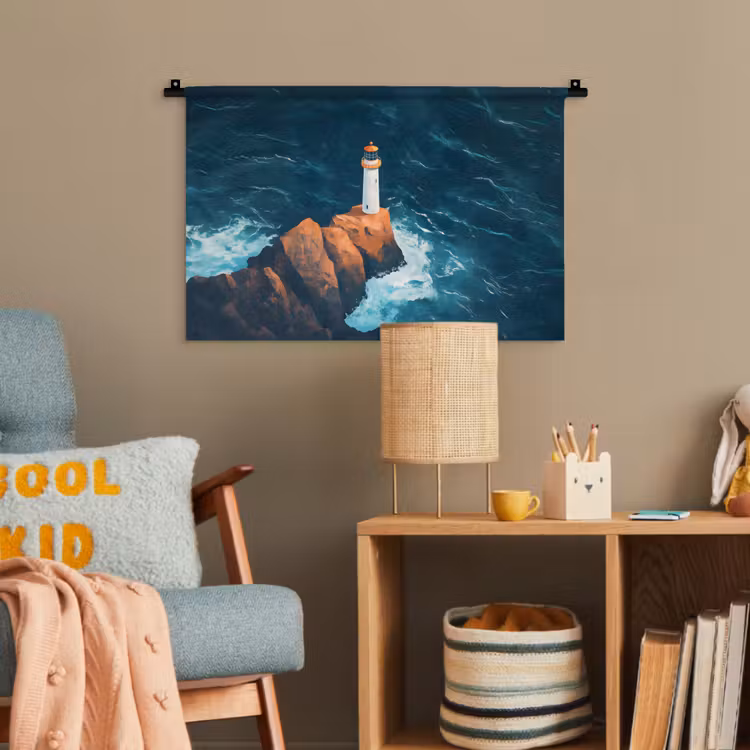 Vuurtoren - Rots - Zee - Golven Wandkleed katoen klein -wsfeer4_kind