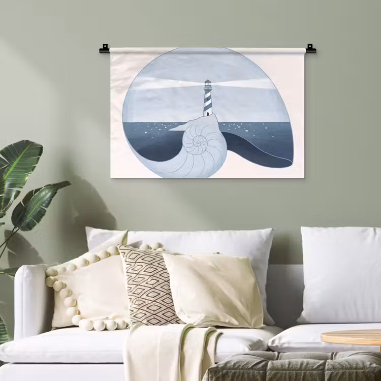 Vuurtoren - Zee - Schelp - Abstract - Blauw Wandkleed katoen klein -sfeer7