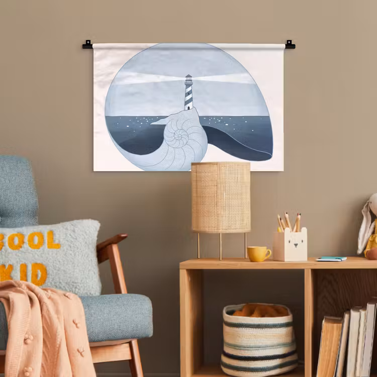 Vuurtoren - Zee - Schelp - Abstract - Blauw Wandkleed katoen klein -wsfeer4_kind