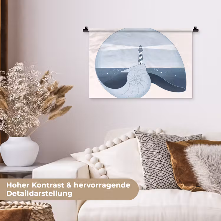 Vuurtoren - Zee - Schelp - Abstract - Blauw Wandkleed katoen klein -tsfeer1_DE
