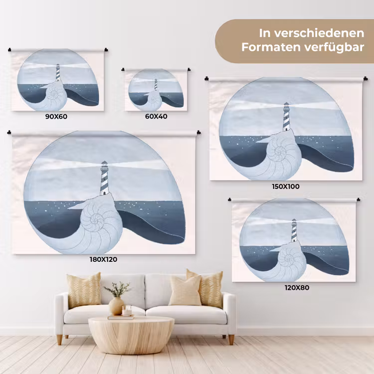 Vuurtoren - Zee - Schelp - Abstract - Blauw Wandkleed katoen klein -tsfeer8_DE