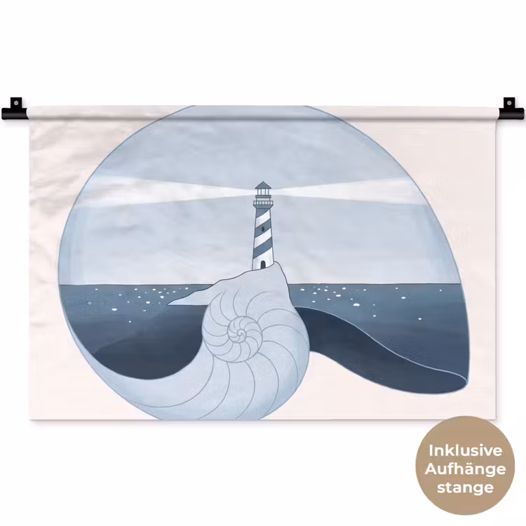 Vuurtoren - Zee - Schelp - Abstract - Blauw Wandkleed katoen klein -t3d_DE