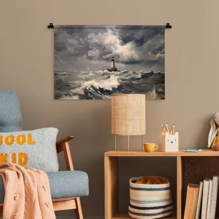 Vuurtoren - Golven - Storm Wandkleed katoen klein -wsfeer4_kind