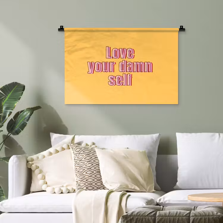 Love yourself - Roze - Geel Wandkleed katoen klein -sfeer7