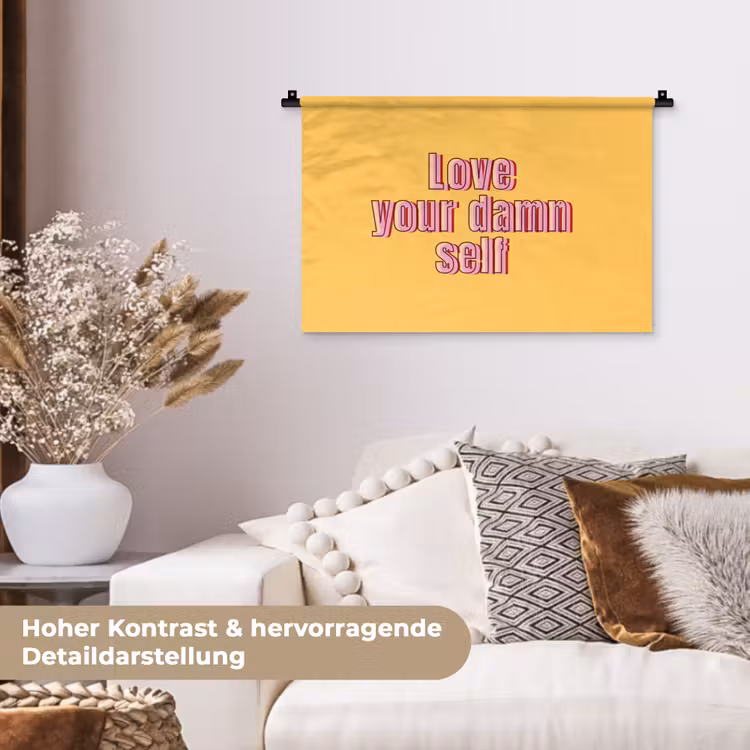 Love yourself - Roze - Geel Wandkleed katoen klein -tsfeer1_DE