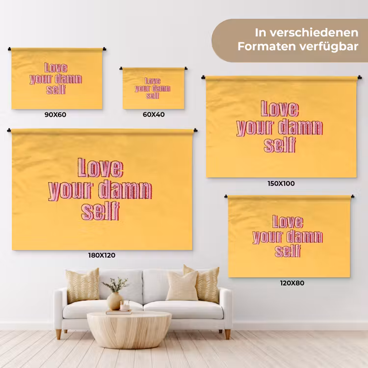 Love yourself - Roze - Geel Wandkleed katoen klein -tsfeer8_DE