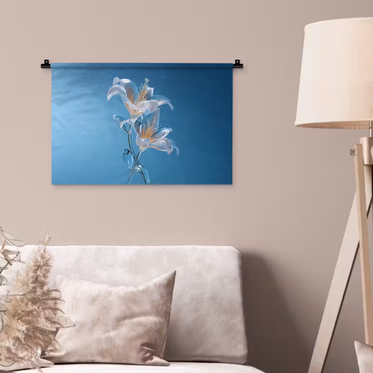Lelies - Blauw - Glazen Wandkleed katoen klein -sfeer4