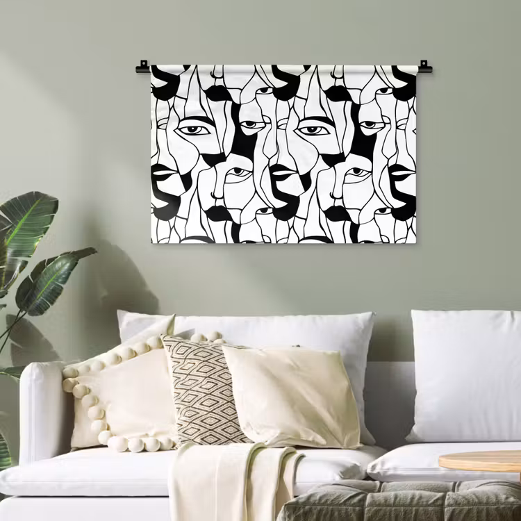 Lijnen - Gezichten - Zwart - Wit Wandkleed katoen klein 269 -sfeer7