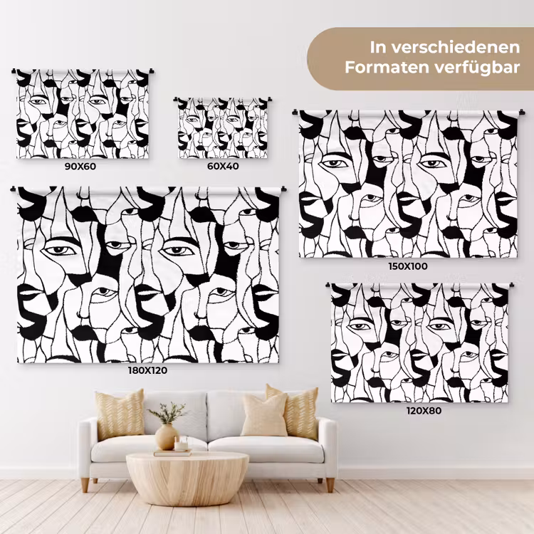 Lijnen - Gezichten - Zwart - Wit Wandkleed katoen klein 269 -tsfeer8_DE