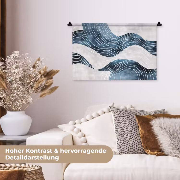 Lijnen - Golven - Abstract - Blauw Wandkleed katoen klein -tsfeer1_DE