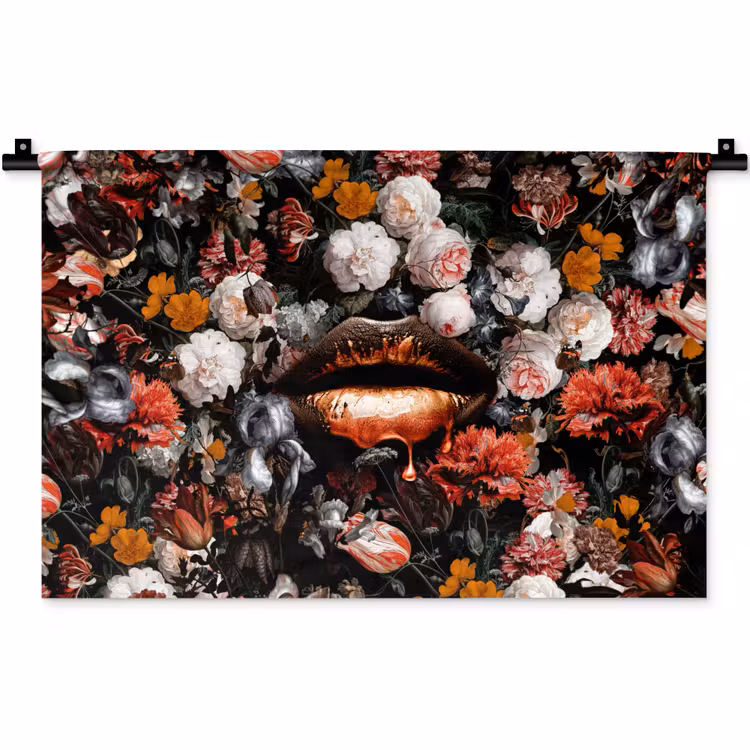 Lippen - Bloemen - Verf - Oranje - Kunst - Abstract - Oude meesters Wandkleed katoen klein -zz3d