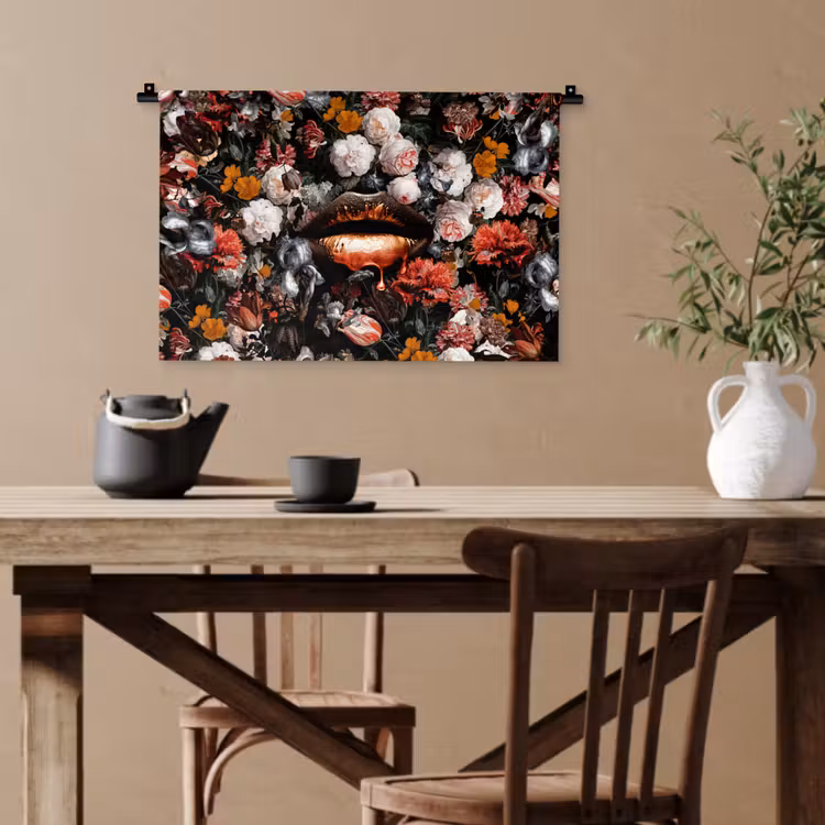 Lippen - Bloemen - Verf - Oranje - Kunst - Abstract - Oude meesters Wandkleed katoen klein -sfeer6