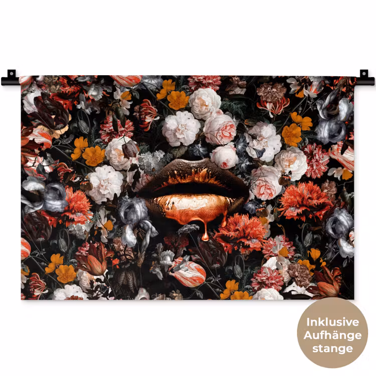 Lippen - Bloemen - Verf - Oranje - Kunst - Abstract - Oude meesters Wandkleed katoen klein -t3d_DE