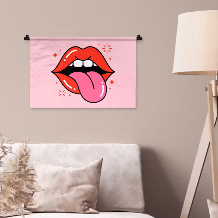 Lippen - Tong - Pop-art - Kleurrijk - Roze Wandkleed katoen klein -sfeer4