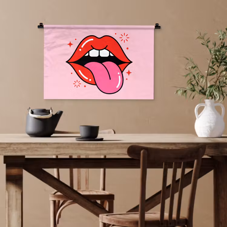 Lippen - Tong - Pop-art - Kleurrijk - Roze Wandkleed katoen klein -sfeer6