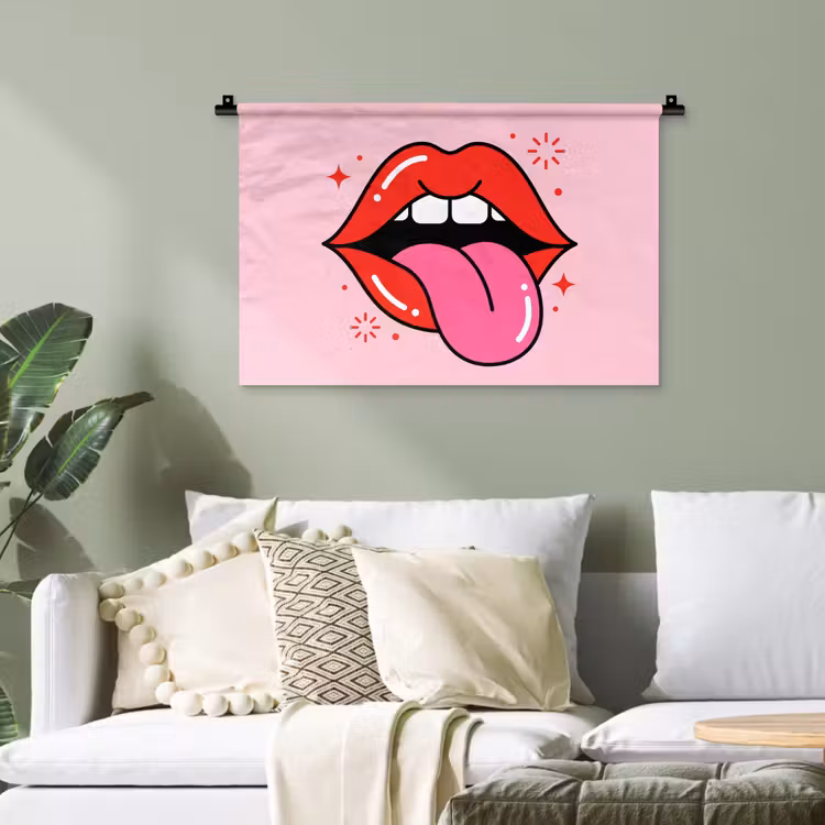 Lippen - Tong - Pop-art - Kleurrijk - Roze Wandkleed katoen klein -sfeer7