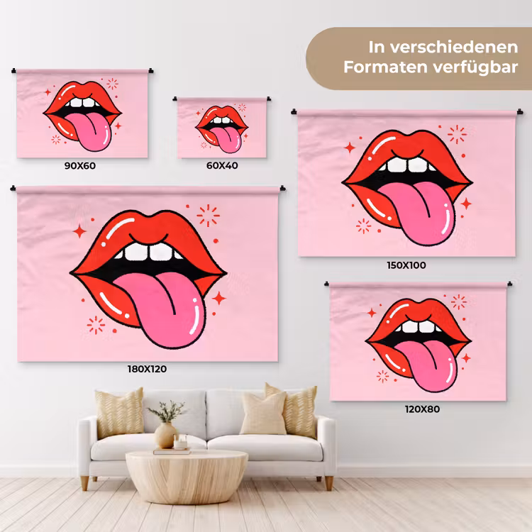 Lippen - Tong - Pop-art - Kleurrijk - Roze Wandkleed katoen klein -tsfeer8_DE