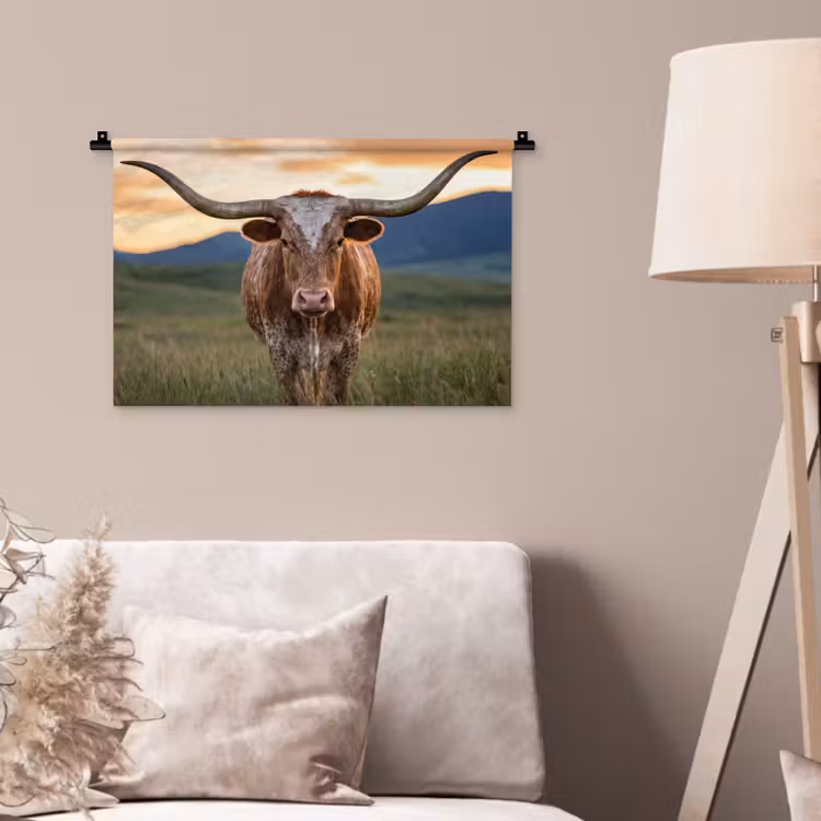 Longhorn - Landschap - Zonsondergang Wandkleed katoen klein -sfeer4