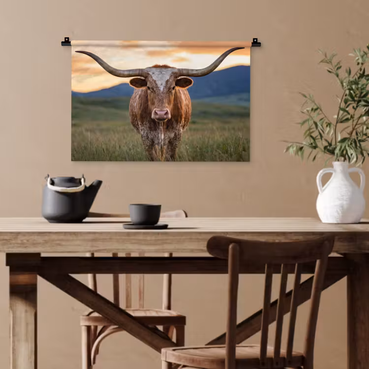 Longhorn - Landschap - Zonsondergang Wandkleed katoen klein -sfeer6