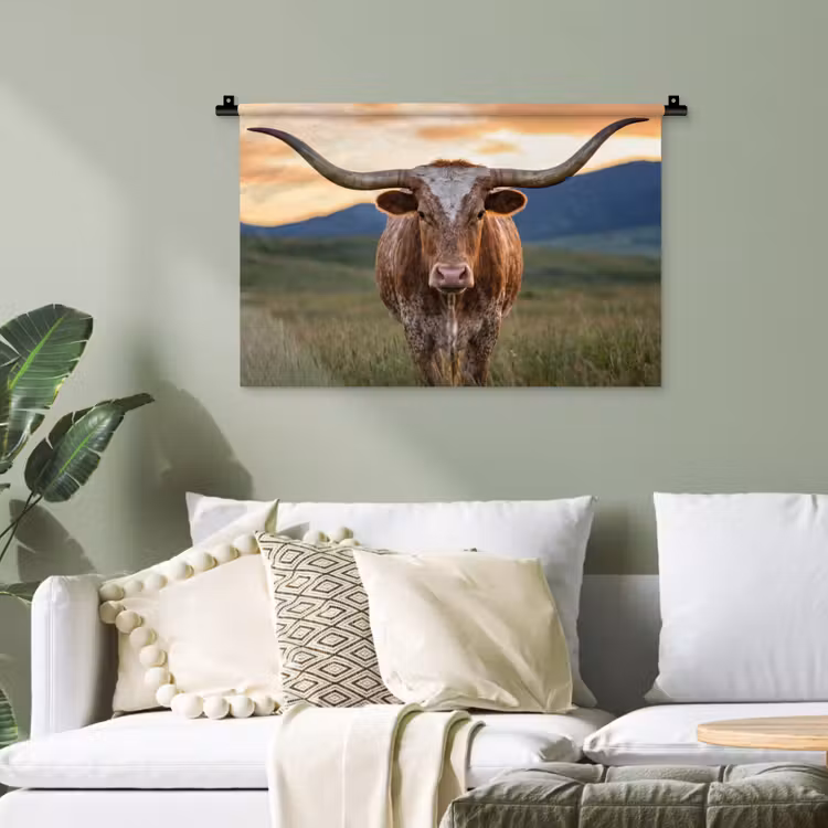 Longhorn - Landschap - Zonsondergang Wandkleed katoen klein -sfeer7