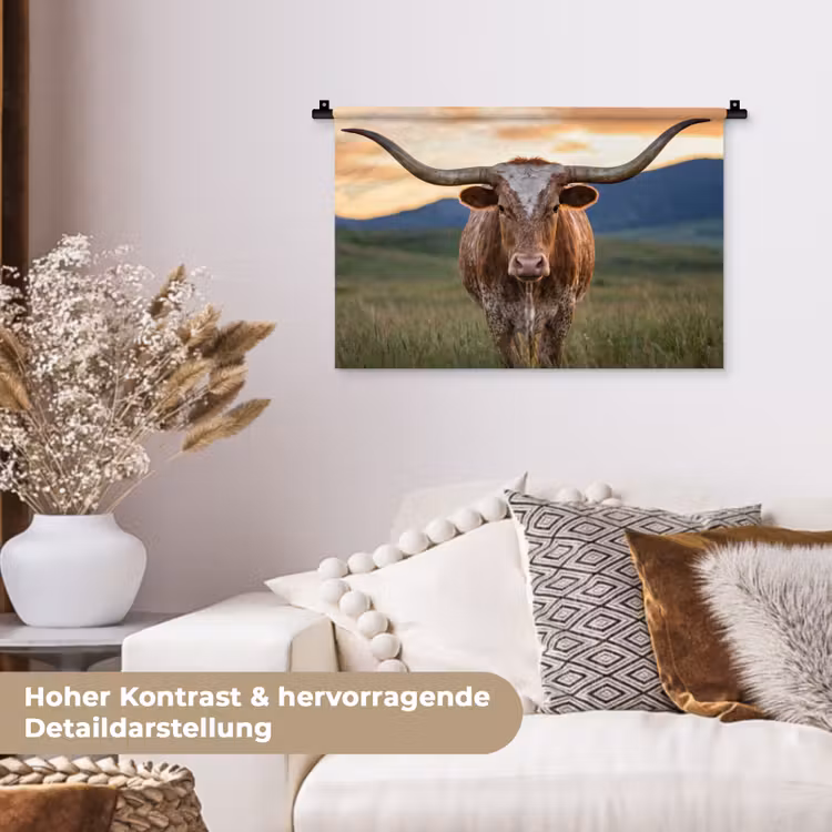 Longhorn - Landschap - Zonsondergang Wandkleed katoen klein -tsfeer1_DE