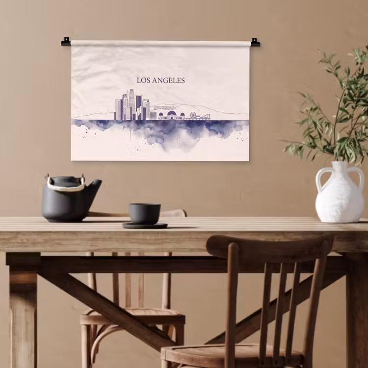 Los Angeles - Skyline - Architectuur - Aquarel - Blauw Wandkleed katoen klein -sfeer6
