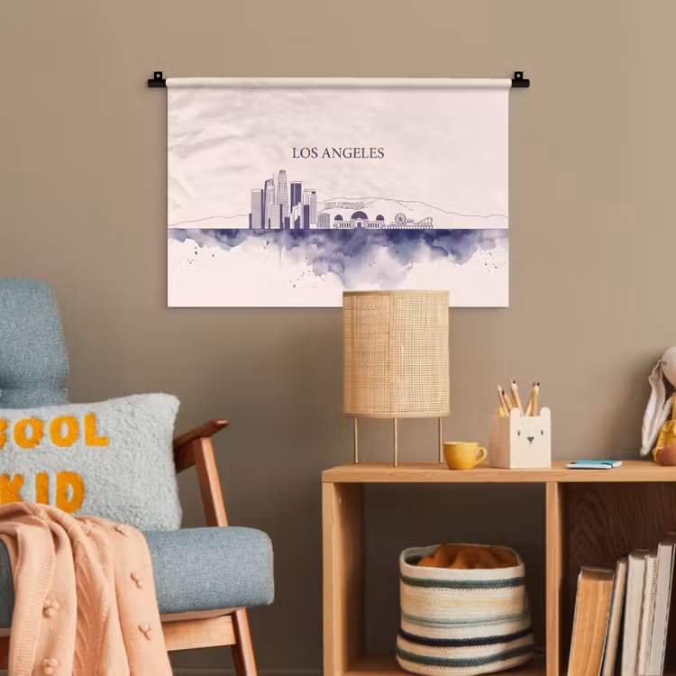 Los Angeles - Skyline - Architectuur - Aquarel - Blauw Wandkleed katoen klein -wsfeer4_kind