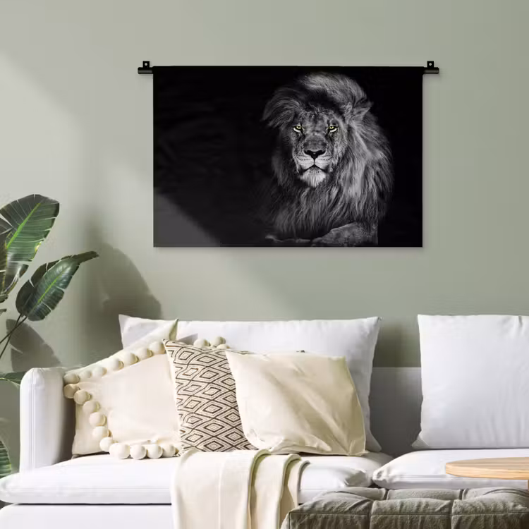Leeuw - Ogen - Oranje - Zwart wit - Dieren - Portret Wandkleed katoen klein -sfeer7