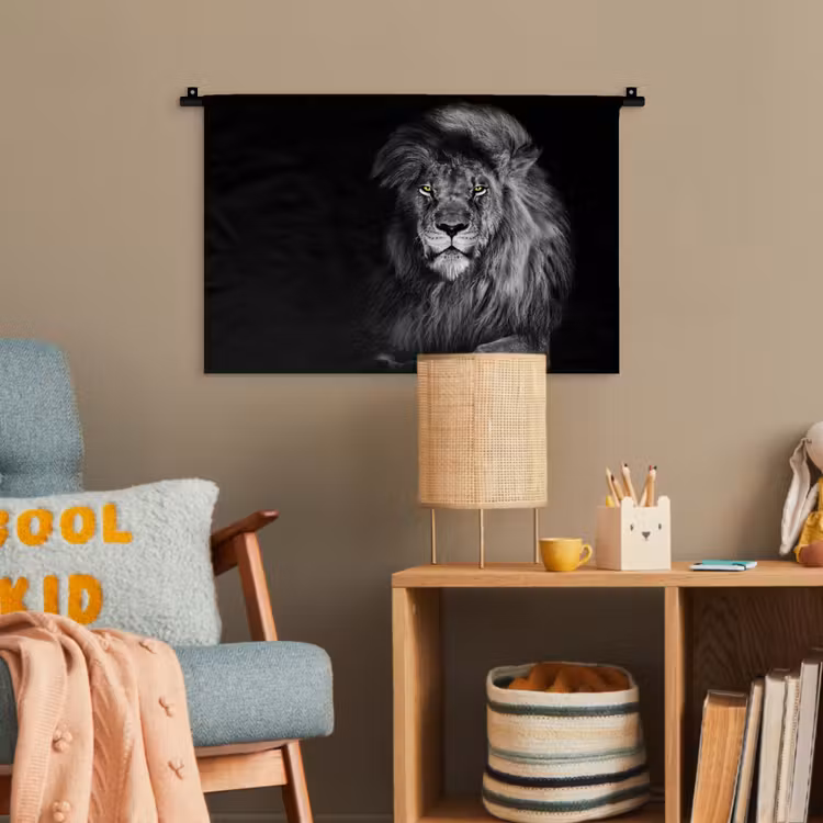 Leeuw - Ogen - Oranje - Zwart wit - Dieren - Portret Wandkleed katoen klein -wsfeer4_kind