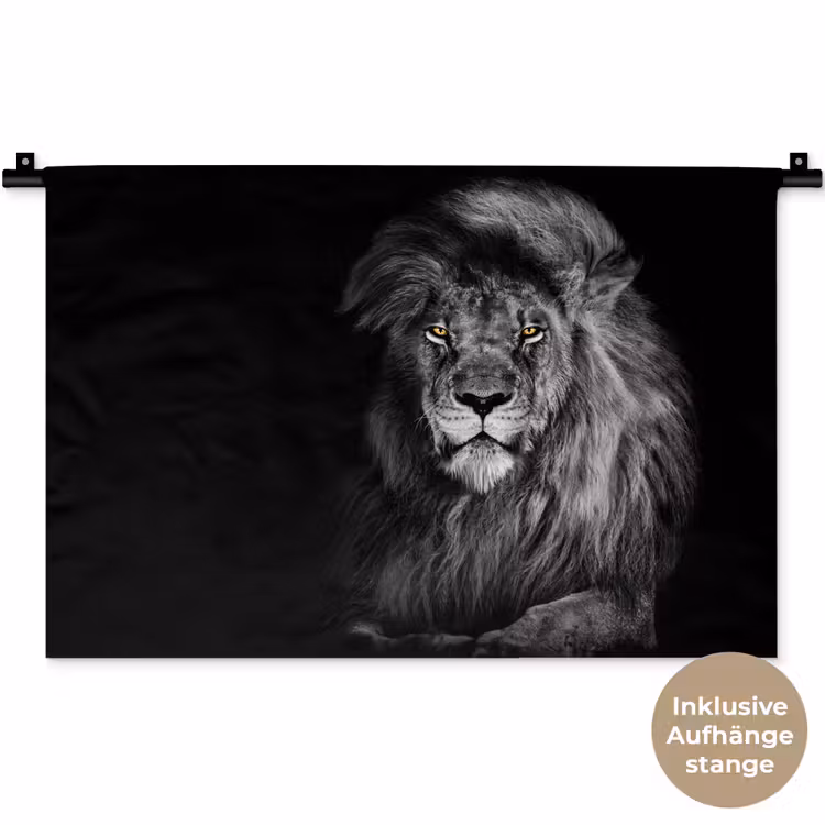 Leeuw - Ogen - Oranje - Zwart wit - Dieren - Portret Wandkleed katoen klein -t3d_DE