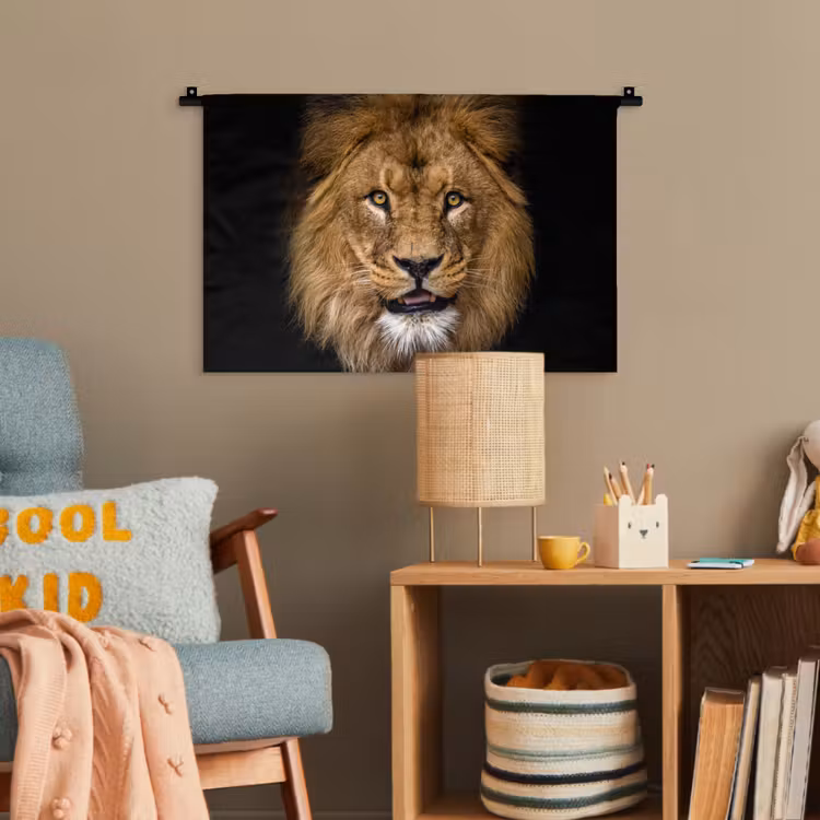 Leeuw - Portret - Zwart - Dieren Wandkleed katoen klein -wsfeer4_kind