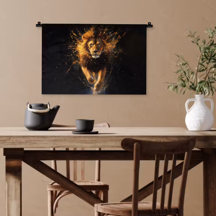 Leeuw - Zwart - Oranje - Verf Wandkleed katoen klein -sfeer6