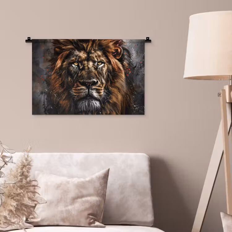 Leeuw - Dieren - Portret - Zwart - Luxe Wandkleed katoen klein -sfeer4