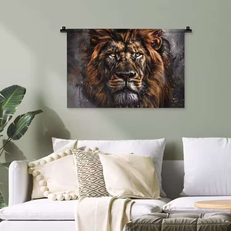 Leeuw - Dieren - Portret - Zwart - Luxe Wandkleed katoen klein -sfeer7
