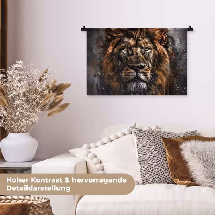 Leeuw - Dieren - Portret - Zwart - Luxe Wandkleed katoen klein -tsfeer1_DE