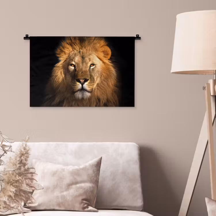 Leeuw - Dieren - Zwart - Licht - Bruin - Portret Wandkleed katoen klein -sfeer4