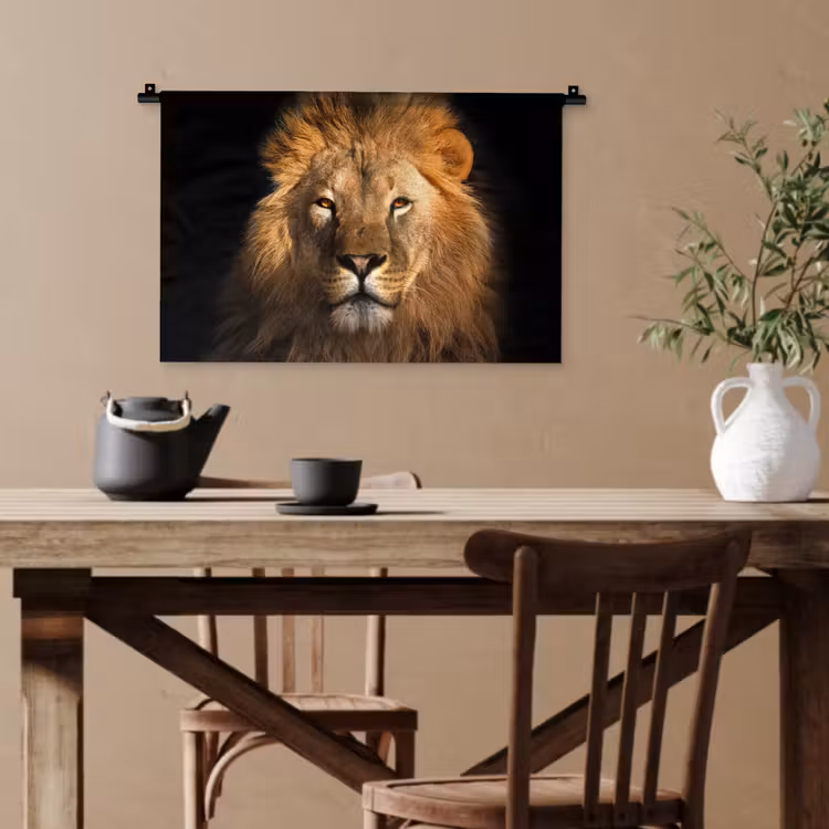 Leeuw - Dieren - Zwart - Licht - Bruin - Portret Wandkleed katoen klein -sfeer6