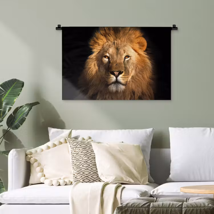 Leeuw - Dieren - Zwart - Licht - Bruin - Portret Wandkleed katoen klein -sfeer7