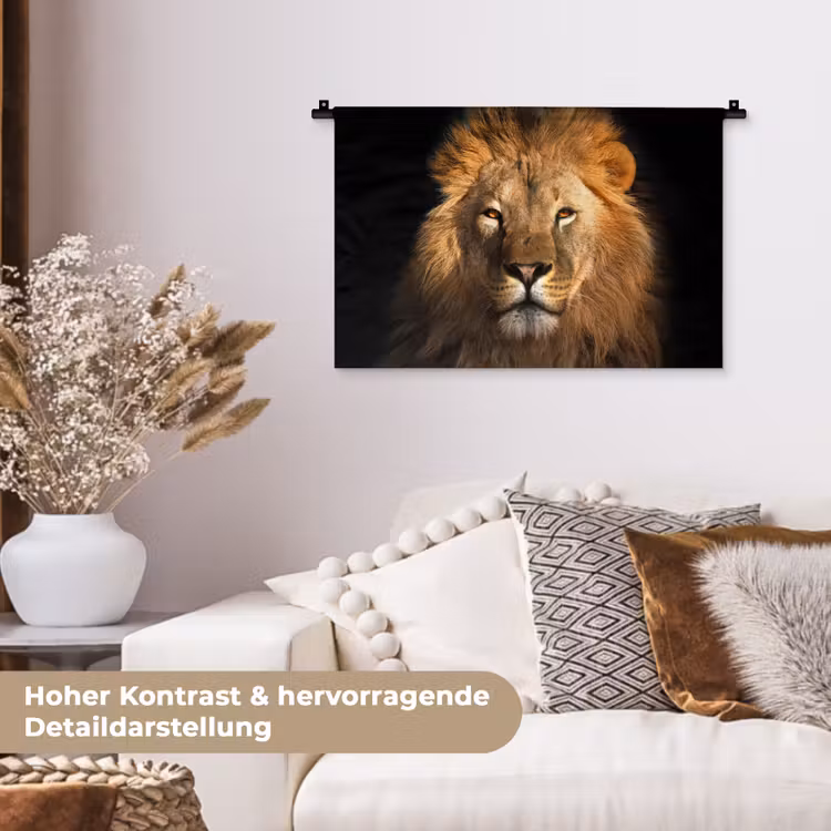 Leeuw - Dieren - Zwart - Licht - Bruin - Portret Wandkleed katoen klein -tsfeer1_DE