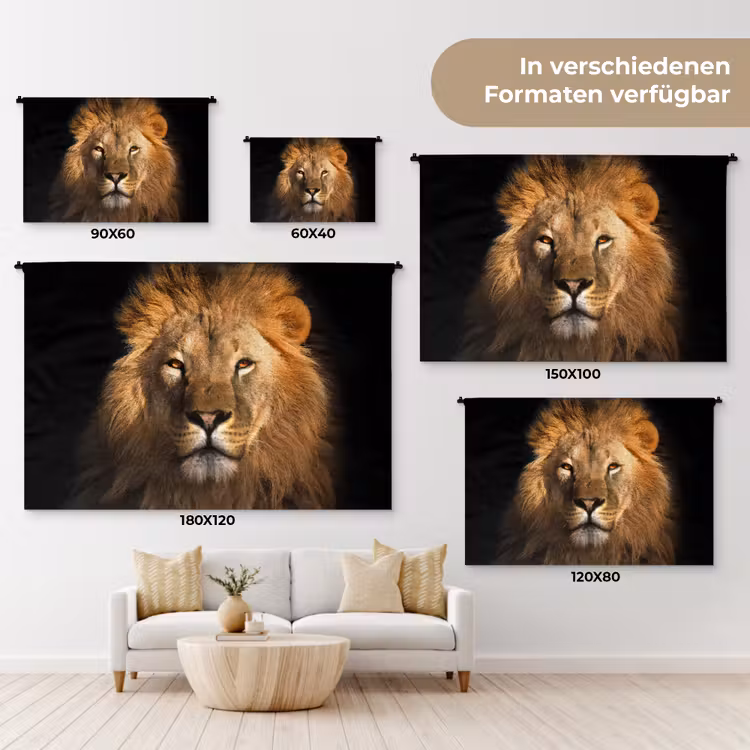 Leeuw - Dieren - Zwart - Licht - Bruin - Portret Wandkleed katoen klein -tsfeer8_DE