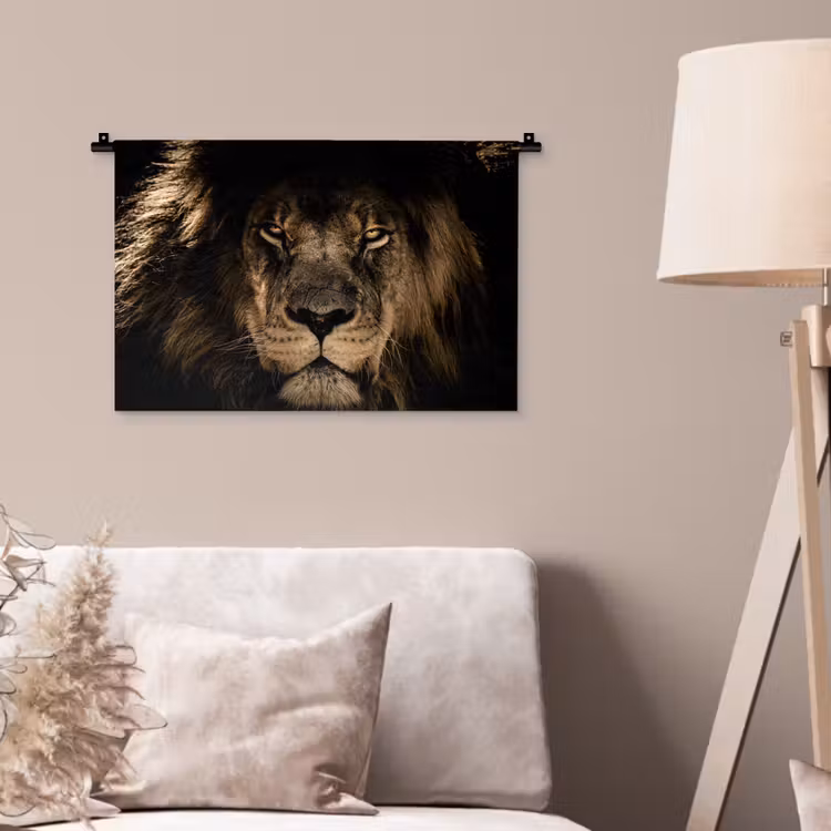 Leeuw - Dieren - Zwart - Portret Wandkleed katoen klein -sfeer4